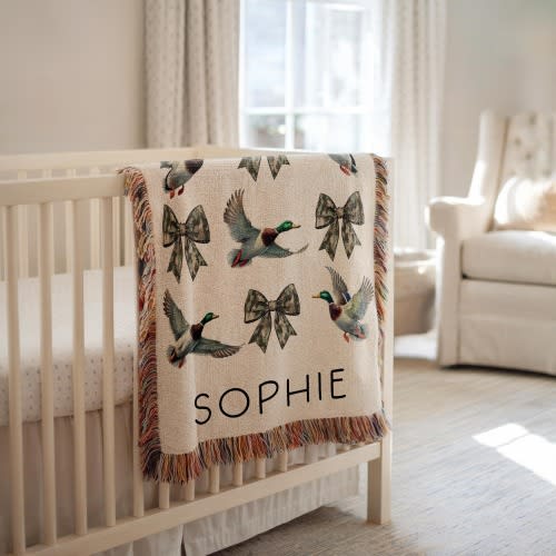 Personalized Camo Coquette Bow Mallard Duck Hunting Nursery Decor Baby Shower Gift Mallard Duck Baby Name Blanket Mallard Duck Nursery Girl
