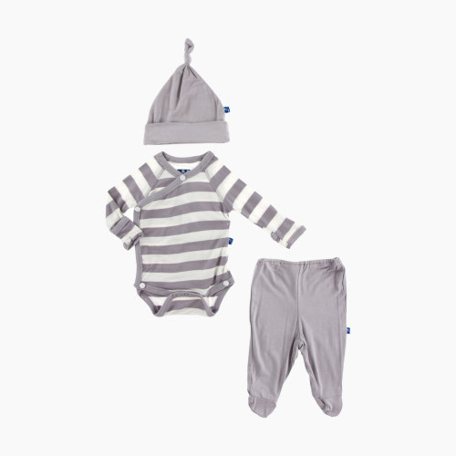 KicKee Pants Essentials Kimono Gift Set - Feather Contrast Stripe, 0-3 Months