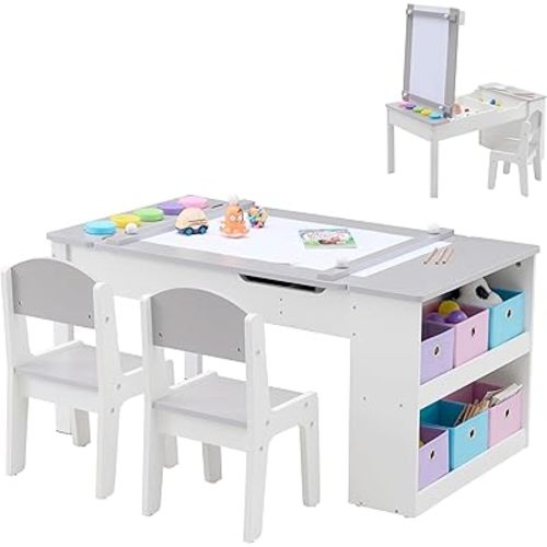 3 in 1 Kids Art Table & Easel Set with 2 Chairs, Wooden Children Activity Table and Chair Set with 6 Storage Bins, Paper Roller, Paint Cups for Draw, Write, Play, Arts & Crafts (Gray & White)
