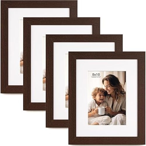 8x10 Picture Frame with Mat for 5x7, Set of 4 Dark Brown 8 x 10 Picture Frames Display on Tabletop or Wall Mounting (4 Pack,Walnut)
