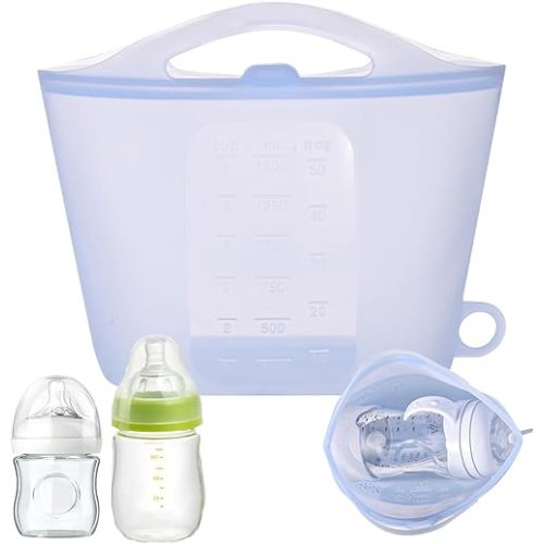 Microwave Steam Sterilizer for Baby Bottles, 1.5L Reusable Silicone Steaming Bag for Breast Pump Pacifiers Teethers Mom Must-Have Accessories for Travel Home (Blue)