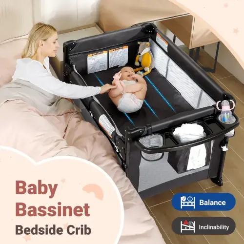 Baby Bassinet Bedside Sleeper, Adjustable Height, Includes Mattress Sheet, Portable Playpen Travel Bed with Storage Foldable Crib for Newborns Infants - TikTok Shop