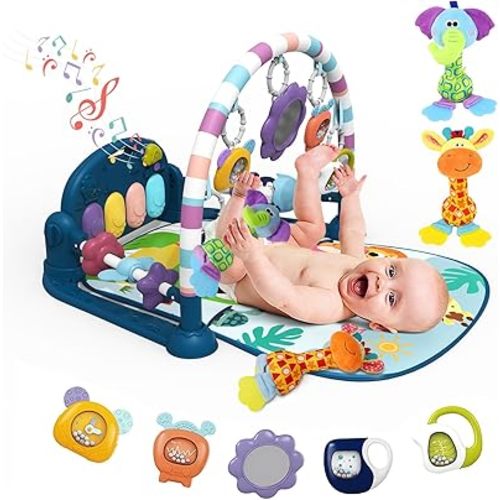 dearlomum Baby Play Mat Baby Gym,Funny Play Piano Tummy Time Baby Activity Gym Mat with 5 Infant Sensory Baby Toys and 2 Baby Soft Rattles, Boy & Girl Gifts for Newborn 0 to 3 6 9 12 Months(Blue)