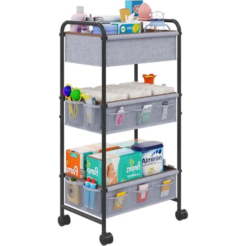 3-Tier Baby Diaper Caddy Cart Organizer with 2 Dividers & 14 Mesh Pockets - Black Mobile Nursery Storage Cart with Wheels, Durable Metal Utility Cart for Nursery, Bedroom, Baby Essentials Organization