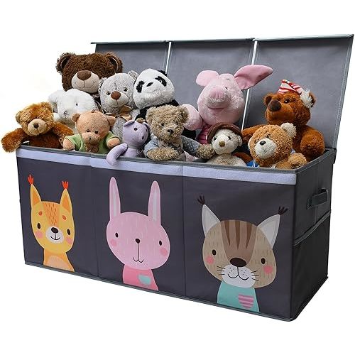 Extra Large Toy Storage Organizer with Lid - Sturdy, Collapsible Toy Chest Storage Box with Cute Design - Toys Bin with Dividers for Kids, Boys, Girls, Nursery, Bedroom, Play room 37"x16"x14"