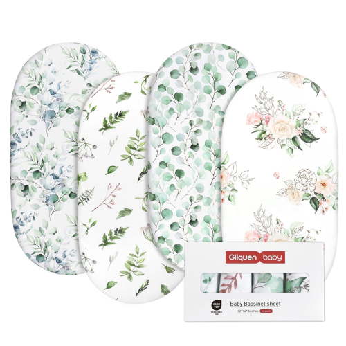 Gllquen Baby Premium Bassinet Sheets Set 4 Pack for Girls Newborns Infant Toddlers, Plants & Flowers