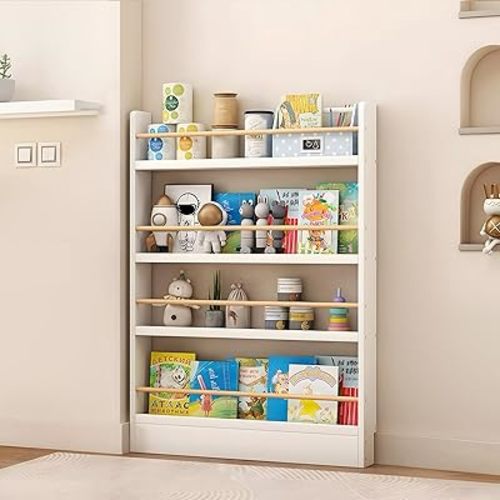 Book Shelf, Behind The Door Bookshelf, 3/4/5/6-Tier Behind The Door Shelf, Solid Wood Bookcase, Narrow Bookshelf for Kids, Space Saving, Book/Toy Organizer for Bedroom/Living Room/Office