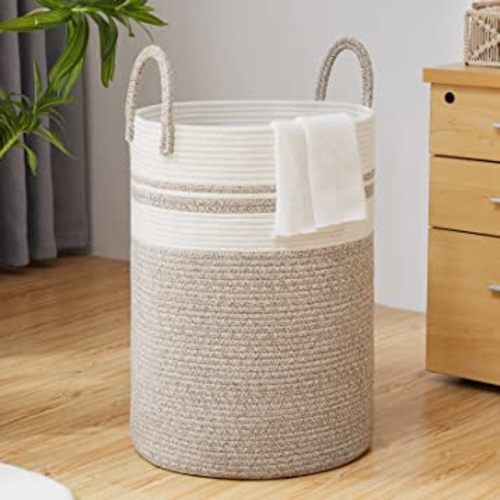 Large Baby Laundry Basket by TECHMILLY, 58L Brown & White Woven Rope Nursery Hamper for Clothes Blanket Storage, Tall Laundry Hamper for College Dorm, Bedroom, Living Room