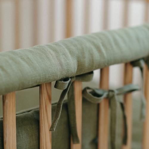 Olive green linen crib rail guard, crib safety, crib accessories, teething pad, linen rail cover, cot rail cover, mini crib railing cover