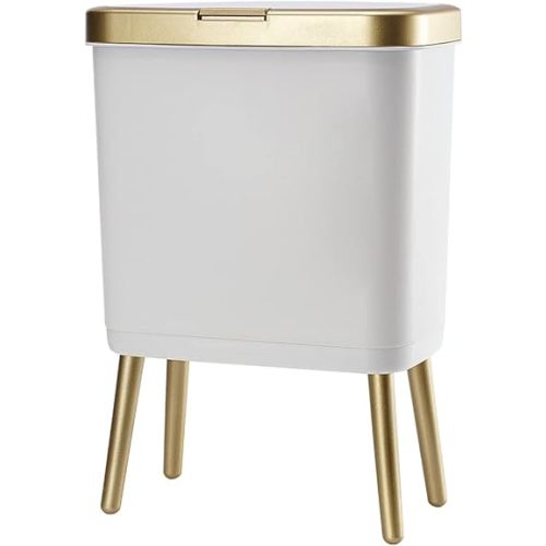 Procade Bathroom Trash Can with Lid, Plastic Garbage Can with Lid, 4 Gal Gold Trash Bin with Push Button, Narrow White Trash Can Waste Basket for Bedroom, Living Room,Office,Dog Proof Trash Can