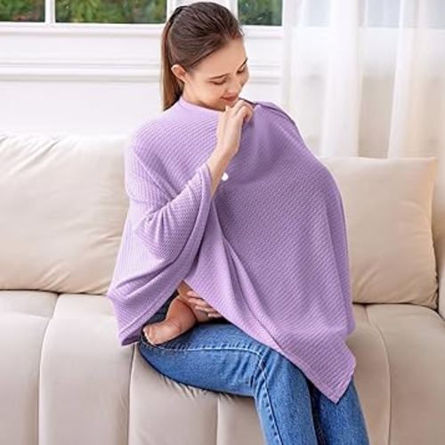 Knit Nursing Cover for Baby Breastfeeding, Breathable and Soft, Wide Neck with Stretch for Easy View (Purple)