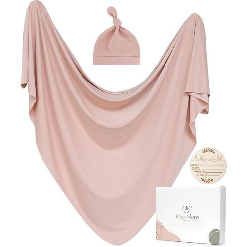 Baby Swaddle Receiving Blankets with Matching Beanie Set Newborn Nursery Swaddle Wrap for Baby Girls and Boys (Pink)