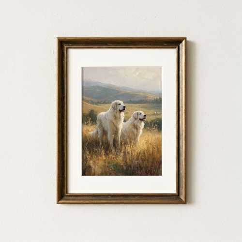 Pyrenees Mountain Dogs  (unframed) | Farm House Dog Art Print | Rustic Style Dog Art | Livestock Guardian Dogs