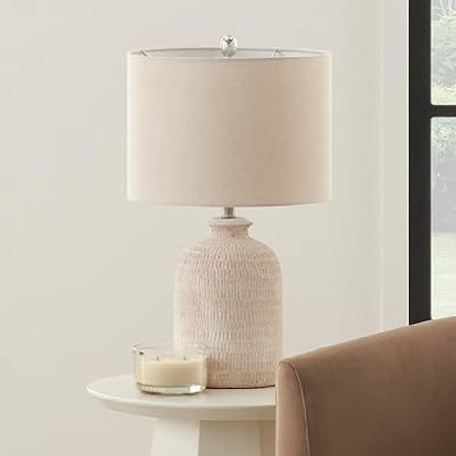 Nourison 24" White Washed Terracotta Farmhouse Textured Table Lamp for Bedside Table, Living Room, Dining, Entryway