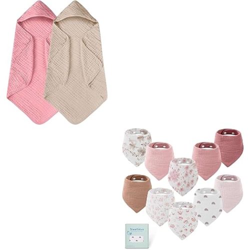 Yoofoss Hooded Baby Towels for Newborn 2 Pack 100% Muslin Cotton & Muslin Baby Bibs 10 Pack Bandana Bibs 100% Cotton