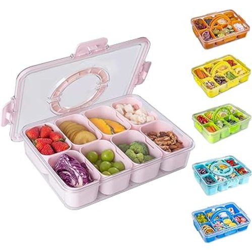 Divided Snack Serving Tray with Lid and Handle Travel Snackle Charcuterie Container Portable Storage Organizer for Candy, Fruits, Nuts, Snacks, Party, Picnic (1pack, Pink)