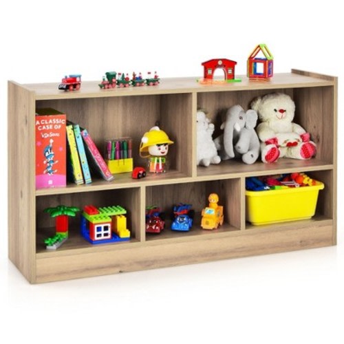 Costway Kids 2-Shelf Bookcase 5-Cube Wood Toy Storage Cabinet Organizer, Color: Natural wood