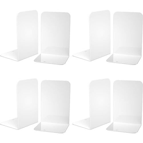 VFINE Bookends 4 Pairs, White Metal Book Ends, Bookends for Shelves, Book Stopper for Heavy Books, Book Dividers for Home Office