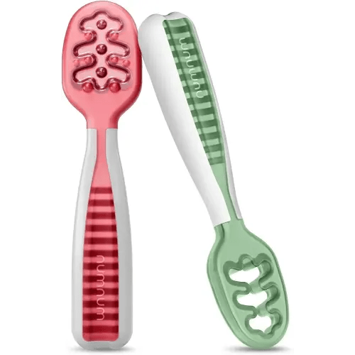 NumNum Baby Spoons Set, Baby Essentials Pre-Spoon GOOtensils for 6+ Months, First Stage Self-Feeding Spoons for Baby Led Weaning (BLW), Silicone Toddler Utensils, BPA-Free, 2 Pack Red/Green