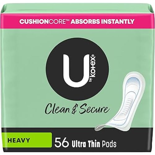 U by Kotex Ultra Thin Pads, Clean & Secure, Heavy Absorbency, 56 Count (Packaging May Vary)