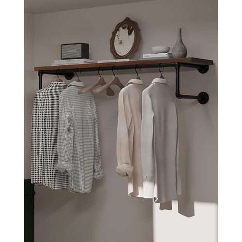 Clothes Rack 42in, Wall Mounted Garment Racks with Real Walnut Wood Shelf, Heavy Duty Hanging Clothes Rack, Multi-Purpose Hanging Rod, Space-Saving Closet Storage