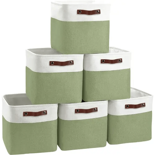 Cube Storage Baskets 6 Pack, 11x11 inch Foldable Cube Storage Bins with Leather Handles for Shelf Closet Nursery Toys (White/ Green)