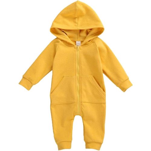 Infant Baby Boys Girls Zipper Warm Hooded Romper Jumpsuit Solid Long Sleeve Bodysuit Outfit Fall Winter Clothes - A-yellow - 3-6M