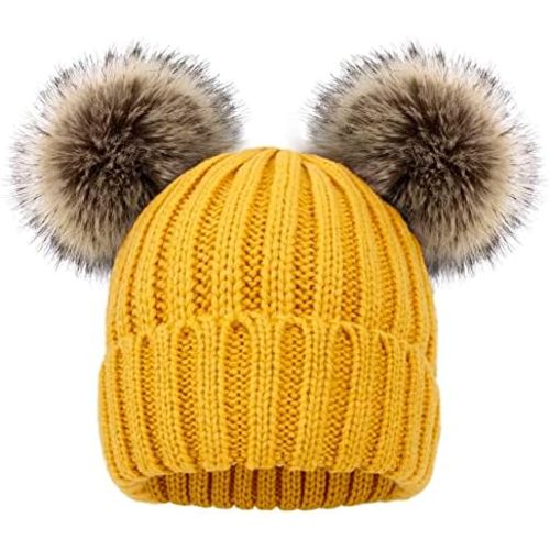 Simplicity Warm Kids Boys Girls Winter Hat with Pompom Ears Elastic Knitted Toddler Beanie Hats for Girls Boys