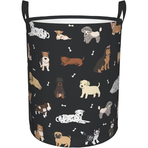 Cute Dogs Round Laundry Hamper Cartoon Puppy Animals Storage Basket Toys Clothes Organizer Bin For Home Bathroom Bedroom Dorm Nursery, 38l