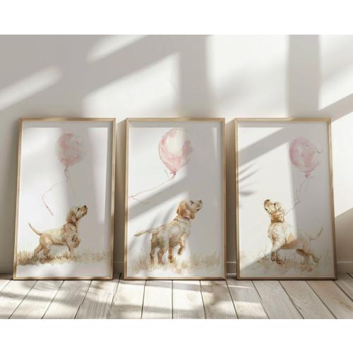 Labrador Retriever wall art, Yellow Labrador print SET of 3, Dog nursery print, Puppy with balloon print, Girl Nursery Art, Watercolor print