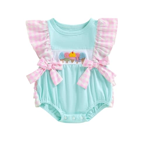 Newborn Outfits Baby Girl Clothes Summer Fly Sleeve Ice Cream Embroidery Romper Plaid Bow Ruffle Bodysuit Jumpsuit
