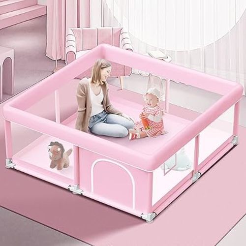Pink Baby Playpen 50x50 Inches Playpen for Little Princess Play Yards Indoor & Outdoor Sturdy Safety Baby Girls Play Pen with Soft Breathable Mesh Toddlers Activity Center with Anti-Slip Base