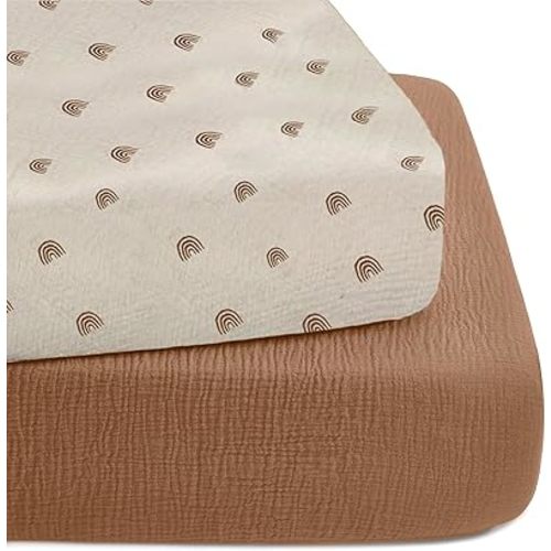 Muslin Crib Sheets 52"x28" - 2 Pack Cotton Fitted Crib Sheets for Boys & Girls - Baby Crib Sheets Neutral Sunset Design, Fits Standard Crib & Toddler Mattress