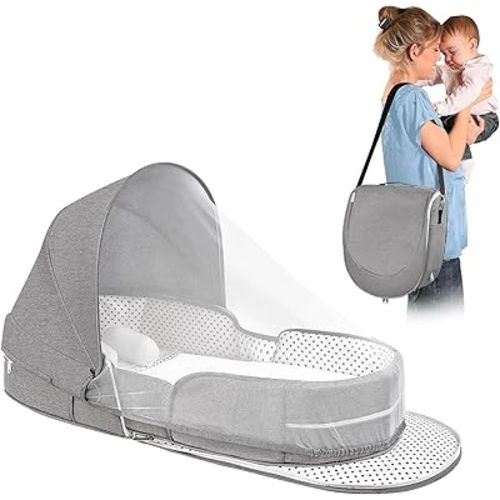 UQM Portable Travel Bassinet for Baby, Foldable Baby Travel Bed Cribs, Lightweight Infant Bed Newborn Baby Bed with Mosquito Net and Canopy