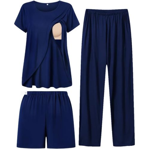 SWOMOG Women Maternity Pajamas Sets 3 Pcs Adjustable Breastfeeding Nightwear Double Layer Short Sleeve Pregnancy Pjs Set