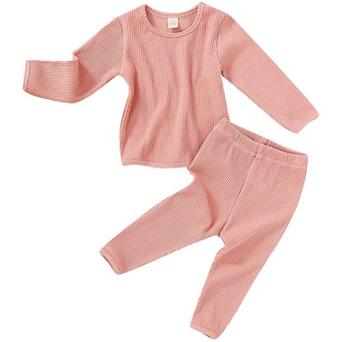 Toddler Baby Boys Girls Pajama Cotton Line Clothes Tee and Pants 2Pcs Sleepwear Set Solid Color Outfit - 3T / 4T - Light Pink