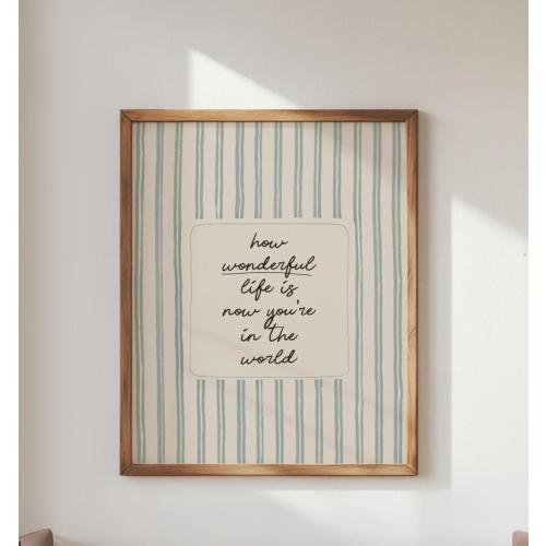 How Wonderful Life Is Quote Nursery Print, Baby Boy Room, Vintage Blue and Ivory Stripes Art