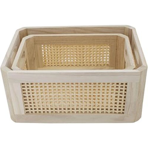 Wooden Storage Basket, Rectangle-A-Set2, Brown, Large (13.77"L x 9.84"W x 6.29"H), Small (11.81"L x 7.87"W x 5.47"H)