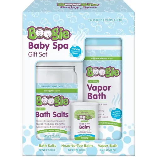 Boogie Spa Kit, Includes Boogie Kids Bath Salts, Eucalyptus, 15 oz (Pack of 1) Vapor Bath 10 Fl oz (Pack of 1) Chest Rub Stick 0.49 oz (Pack of 1)