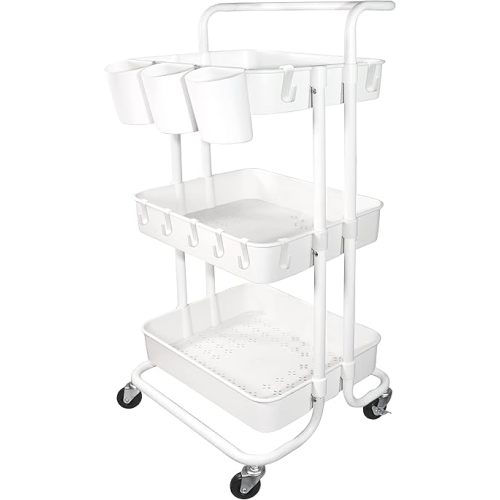 Ceeyali 3-Tier Rolling Utility Cart Storage Organizer Shelf Cart with Lockable Wheels and 3PCS Cups and 8PCS Hooks for Home Kitchen,Bathroom,Office,Laundry Room etc. (3 Cup 8 Hook White)