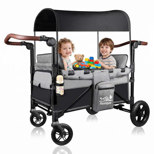 Rovique 2-Seater Wagon Stroller with Extendable Platform & Canopy - Gray Aluminum