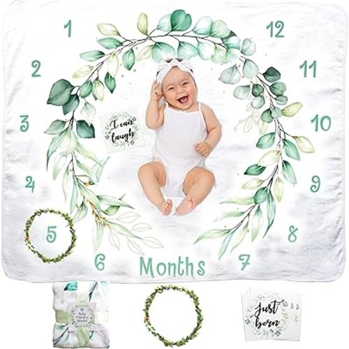 Evovee Baby Monthly Milestone Blanket Girl Boy Unisex Gender Neurtal Month Age Photo Photography Backdrop Newborn Props Nursery Decor Fleece Marker New Moms - Eucalyptus Leaves Floral