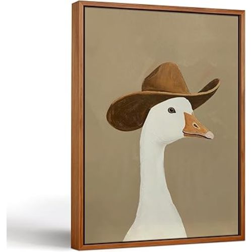 RZIGERNO Vintage Framed Cowboy Silly Goose Wall Art Farm Funny Animal Portrait Canvas Print Poster 12x16 Inch Wood Grain Frame Western Farmhouse Wall Decor for Living Room Kitchen Bedroom Office