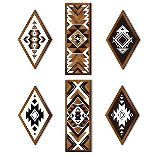 Tatuo 6 Pcs Farmhouse Southwest Home Wall Decor Frame Wall Hanging Boho Modern Abstract Art Prints Wooden Decorations for Bedroom Bathroom Apartment Mexican Decor(Rhombus, Rectangle)