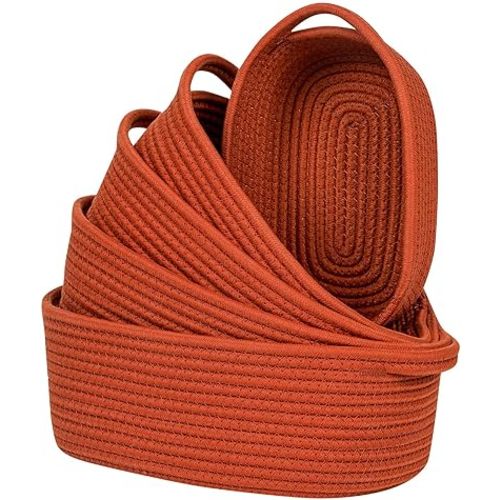 CubesLand Small Cotton Rope Storage Basket Set 5, Shelves Baskets for Organizing with Handle, Decorative Closet Storage Bins for Countertop Toilet Paper Basket for Toilet Tank Top,Rust Basket