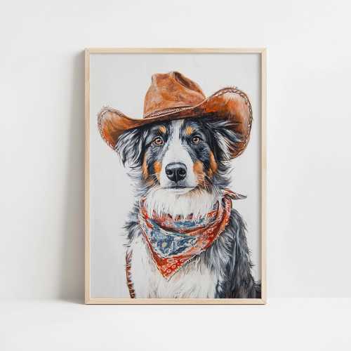 Australian Shepherd Cowboy Digital Wall Art | Western Aussie Dog Print | Rustic Dog Portrait Poster | Farmhouse Digital Download