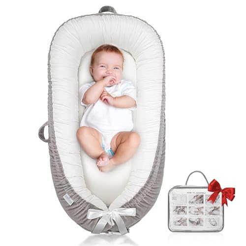 JOCUTE Baby Lounger, Ultra Breathable Soft Cotton Perfect for Tummy Time, Portable & Adjustable Infant Floor Seat for Traveling | Newborn Shower Gift