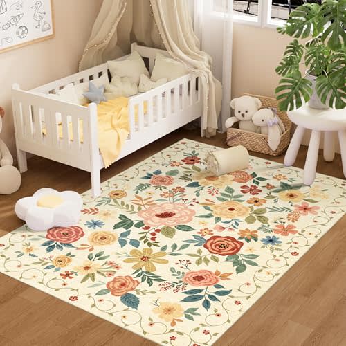 DUKINO 3x5 Area Rug, Floral Rugs for Living Room, Lightweight Non Slip Washable Rug, Indoor Low Pile & Non-Shedding Boho Design Rugs for Bedroom, Living Room, Dining Room, Beige Yellow