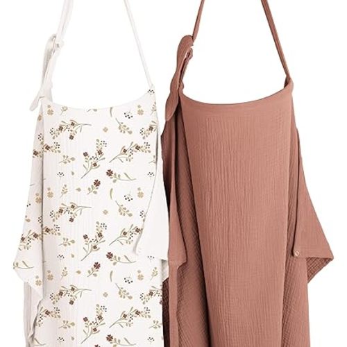Konssy 2-Pack Muslin Nursing Cover Up for Breastfeeding Moms with Rigid Hoop, 100% Cotton, Lightweight & Breathable Breastfeeding Cover, Adjustable & Comfort