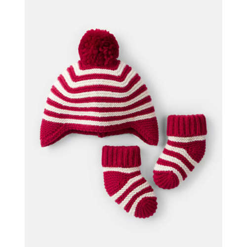 Baby Striped Crochet Pom Winter Hat & Socks Set - Red/White | Carter's
